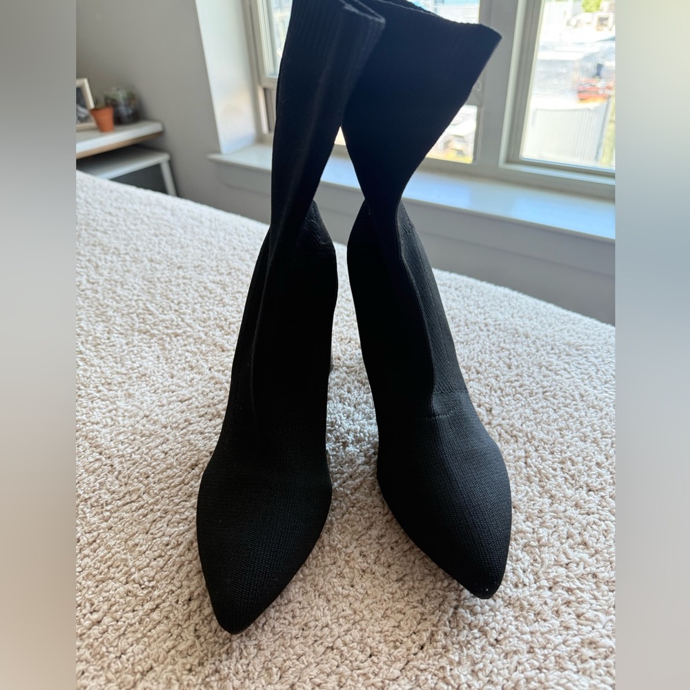 Women's Thick Heel Knit Sock Boots, Pointed Toe Short Booties - Picture 4 of 8